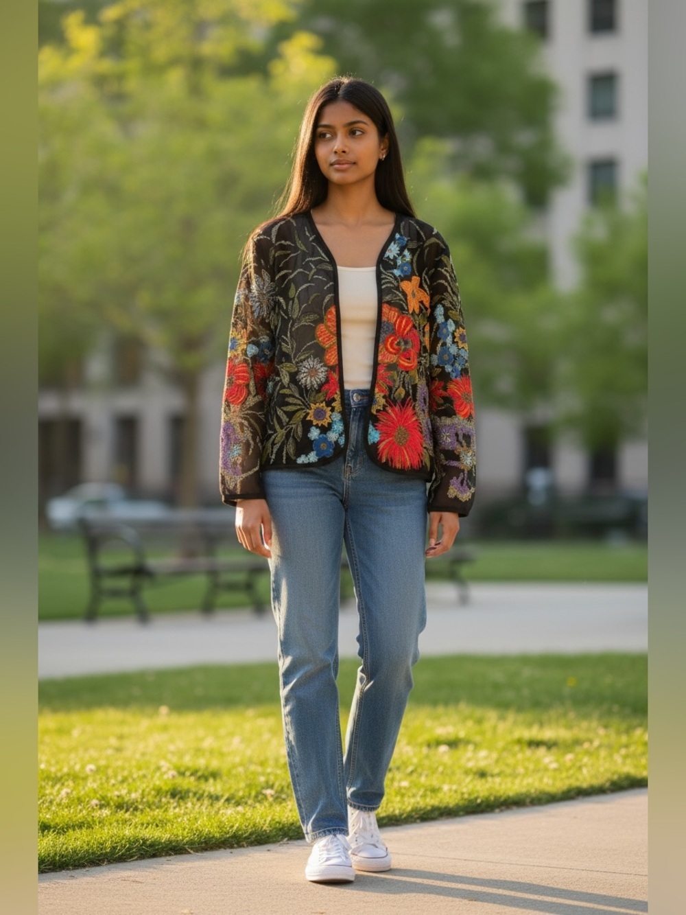 Chico’s Multicolored Floral Embroidered Overcoat Jacket